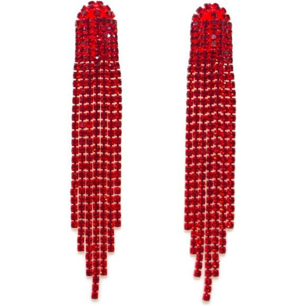 Red Earrings Prom Earrings Red Bridal Jewelry Rhinestone Tassel Fringe Statement